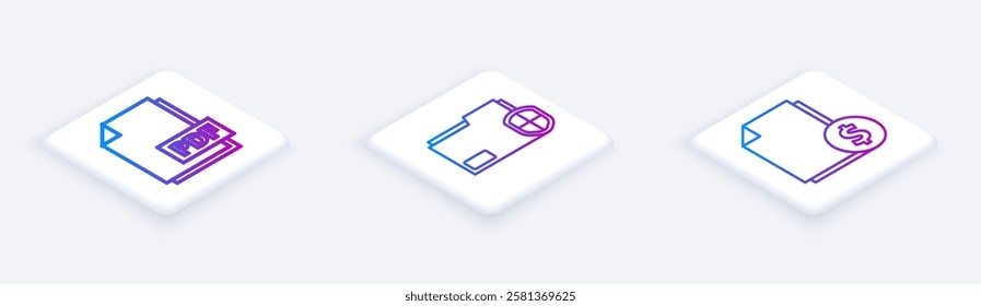 Set Isometric line PDF file document, Document folder protection and Finance document. White square button. Vector