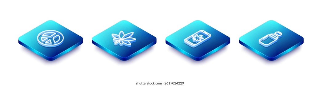 Set Isometric line Peace, Marijuana or cannabis leaf, Mobile and marijuana and olive oil icon. Vector