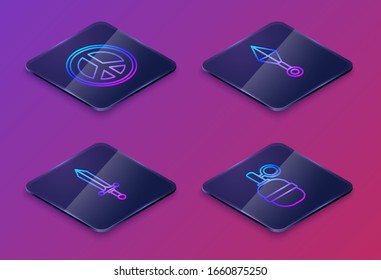Establecer línea isométrica Paz, espada medieval, ninja shuriken japonés y granada Mano. Botón cuadrado azul. Vector