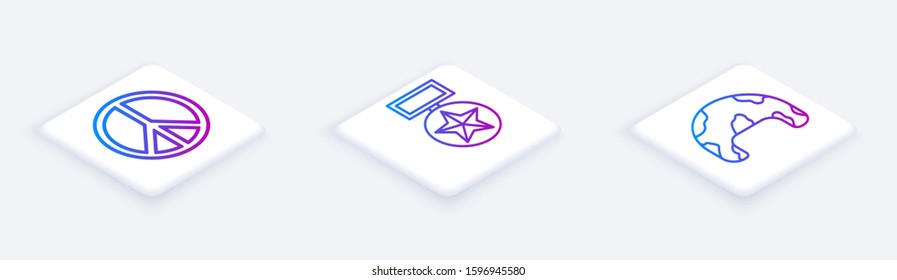 Set Isometric line Peace , Military reward medal  and Military helmet . White square button. Vector