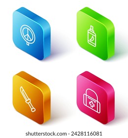 Set Isometric line Peace, Pepper spray, Military knife and First aid kit icon. Vector