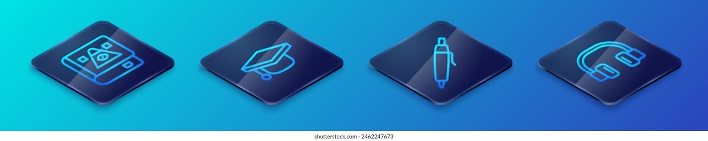 Set Isometric line Pen, Ancient magic book, Headphones and Graduation cap icon. Vector