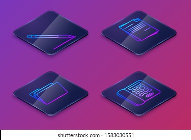 Set Isometric line Pen line, Document folder, File document and Telephone. Blue square button. Vector