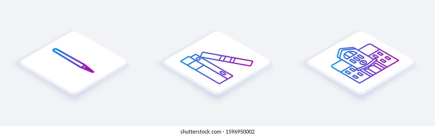 Set Isometric line Pen, Office folders with papers and documents and School building. White square button. Vector