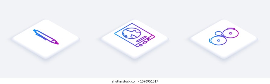 Set Isometric line Pen, World map on a school blackboard and Ringing alarm bell. White square button. Vector