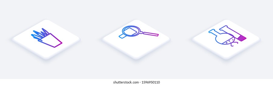 Set Isometric line Pencil case stationery, Magnifying glass and Test tube and flask chemical laboratory test. White square button. Vector
