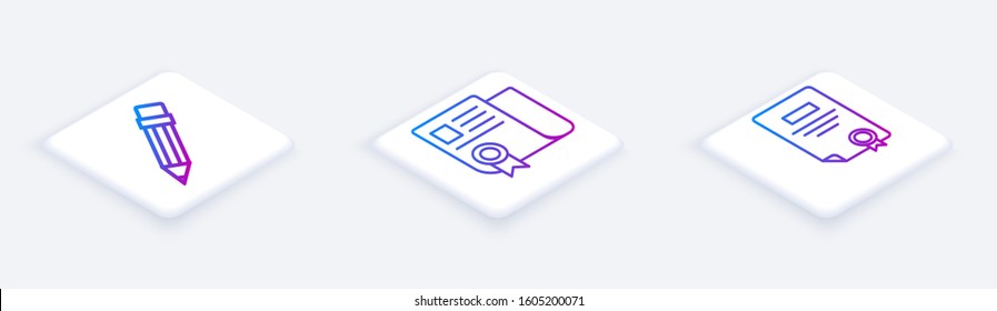 Set Isometric line Pencil with eraser, Certificate template and Certificate template. White square button. Vector