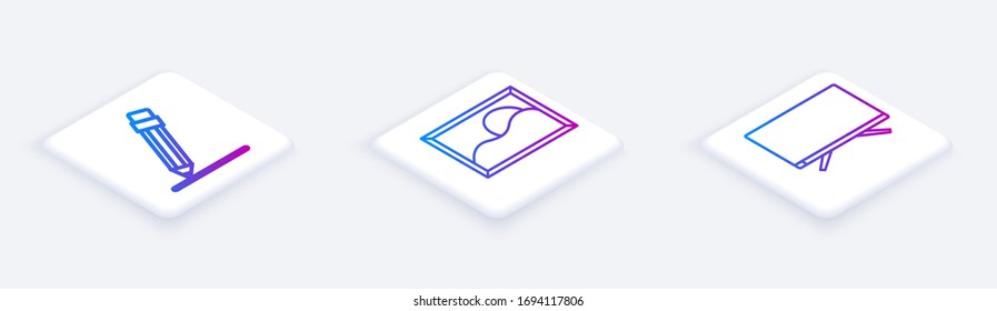 Set Isometric line Pencil with eraser, Picture landscape and Smart Tv. White square button. Vector