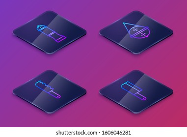 Set Isometric line Pepper, Bread knife, Ball tea strainer and Meat chopper. Blue square button. Vector