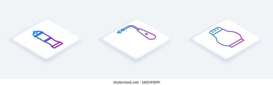 Set Isometric line Pepper, Long electric lighter and Salt and pepper. White square button. Vector