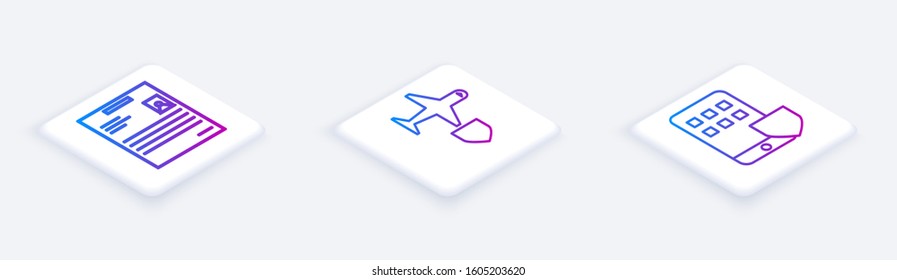 Set Isometric line Personal document, Plane with shield and Smartphone insurance. White square button. Vector