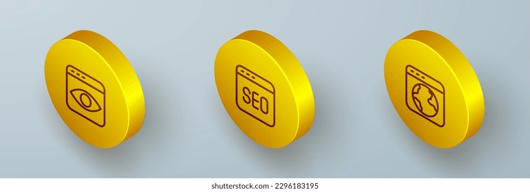 Establecer línea isométrica Recopilación de información personal, optimización de SEO e icono de todo el mundo. Vector