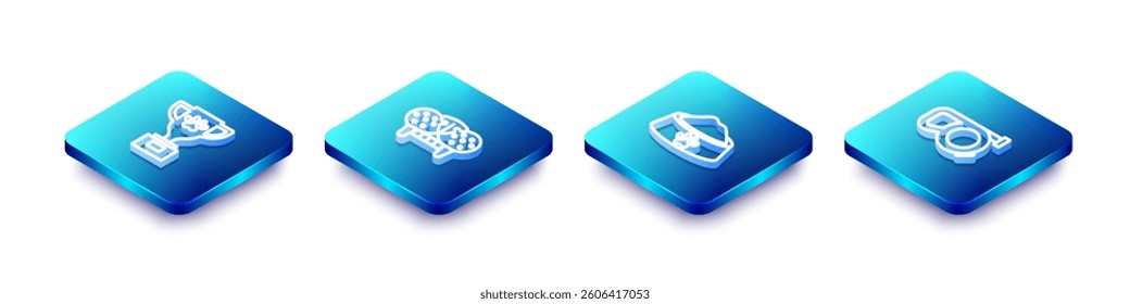 Set Isometric line Pet award, Cat tooth, food bowl and Retractable cord leash icon. Vector