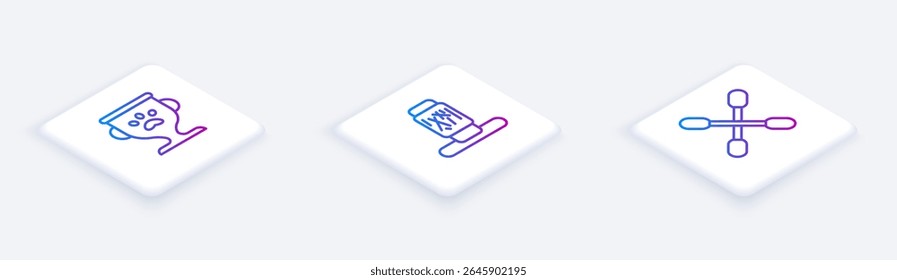Set Isometric line Pet award, Cat scratching post and Cotton swab for ears. White square button. Vector