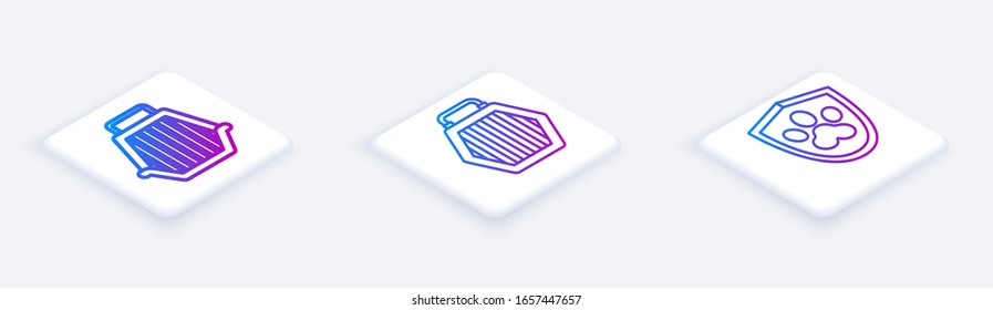 Set Isometric line Pet carry case, Pet carry case and Animal health insurance. White square button. Vector
