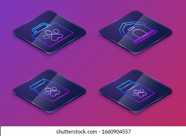 Set Isometric line Pet first aid kit, Bag of food for pet, Dog house and Bag of food for pet. Blue square button. Vector