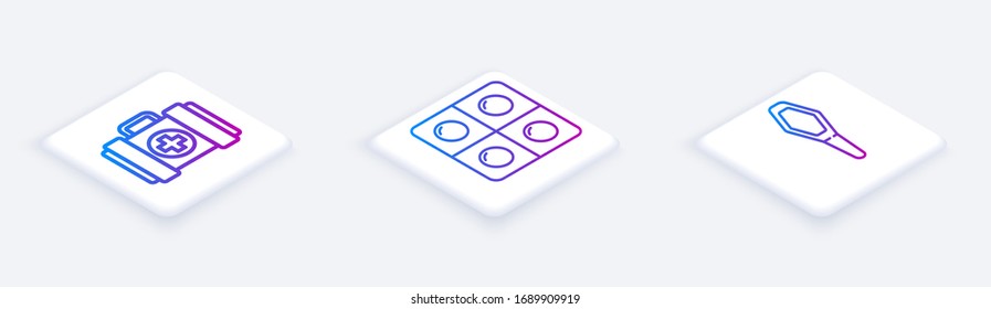 Set Isometric line Pet first aid kit, Dog and pills and Pets vial medical. White square button. Vector