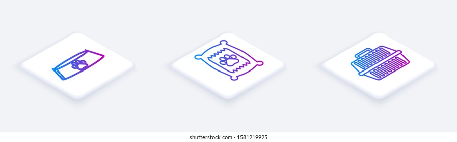 Set Isometric line Pet food bowl for cat or dog, Bag of food for dog and Pet carry case. White square button. Vector