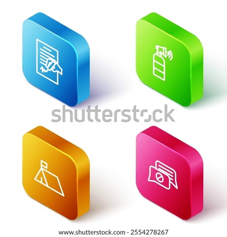 Set Isometric line Petition, Air horn, Protest camp and Speech bubble chat icon. Vector