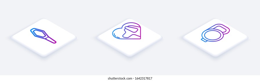 Set Isometric line Pets vial medical, Heart with dog and Retractable cord leash. White square button. Vector