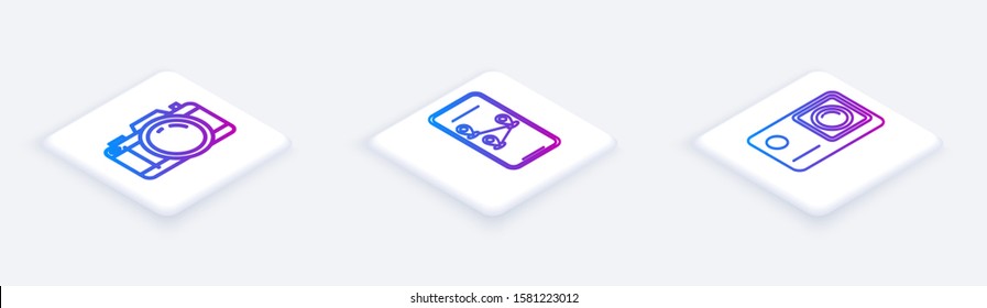 Set Isometric line Photo camera, Infographic of city map navigation and Action extreme camera. White square button. Vector