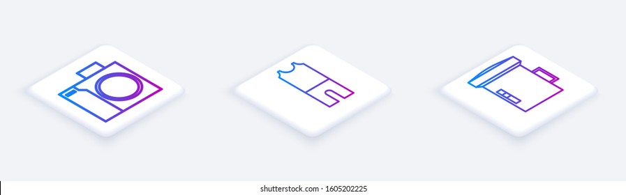 Set Isometric line Photo camera for diver, Wetsuit for scuba diving and Big flashlight for diver. White square button. Vector