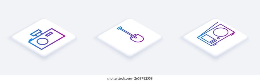 Set Isometric line Photo camera, Shovel and Radio with antenna. White square button. Vector