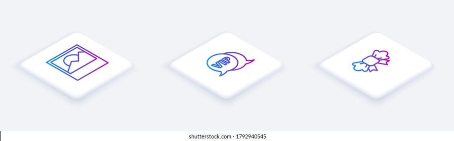 Set Isometric line Photo, Vip in speech bubble and Bow tie. White square button. Vector