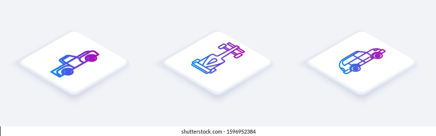 Set Isometric line Pickup truck, Formula race car and Hatchback car. White square button. Vector