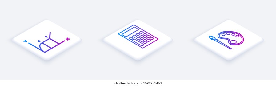Set Isometric line Pie chart infographic, Calculator and Paint brush with palette. White square button. Vector