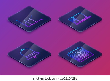 Set Isometric line Pie chart infographic, Ringing bell, Computer monitor with keyboard and mouse and Calendar. Blue square button. Vector