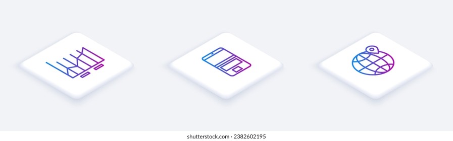 Set Isometric line Pie chart infographic, Laptop and Location on the globe. White square button. Vector