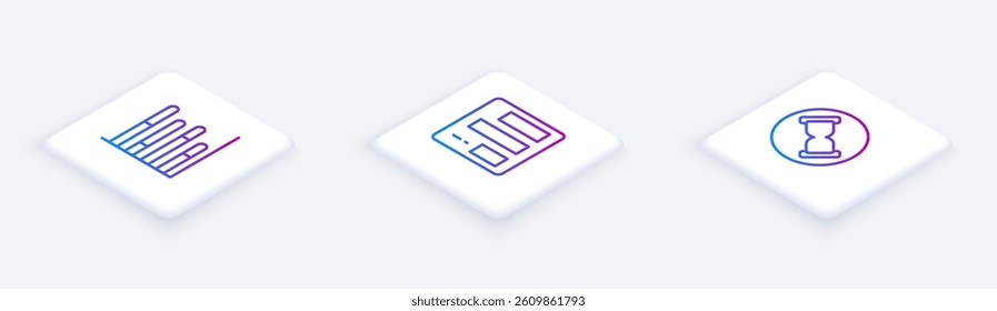Set Isometric line Pie chart infographic,  and Old hourglass with sand. White square button. Vector