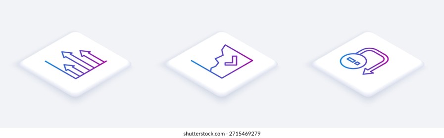 Legen Sie Isometrische Linie Tortendiagramm Infografik, Finanzwachstum zu erhöhen und Pfeil. Weißer quadratischer Knopf. Vektorgrafik