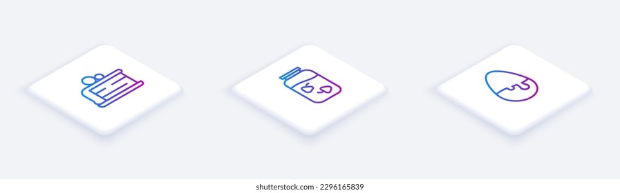 Set Isometric line Piece of cake, Strawberry jam jar and Chocolate egg. White square button. Vector
