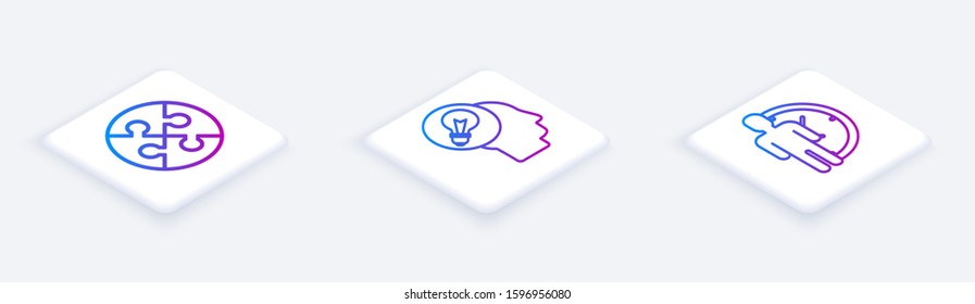 Set Isometric line Piece of puzzle, Human head with lamp bulb and Time Management. White square button. Vector