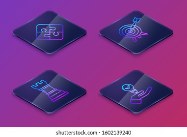 Set Isometric line Piece of puzzle, Business strategy, Target with arrow and Light bulb in hand. Blue square button. Vector