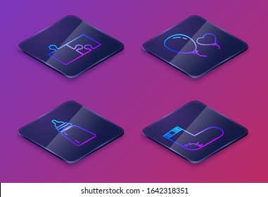 Set Isometric line Piece of puzzle, Baby bottle, Balloons in form of heart and Baby socks clothes. Blue square button. Vector