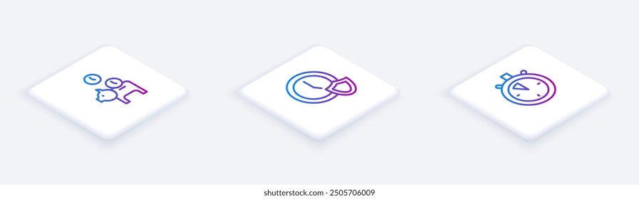 Set Isometric line Piggy bank with coin, Clock shield and Stopwatch. White square button. Vector