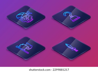 Set Isometric line Pirate captain, flag, hook and sword. Blue square button. Vector