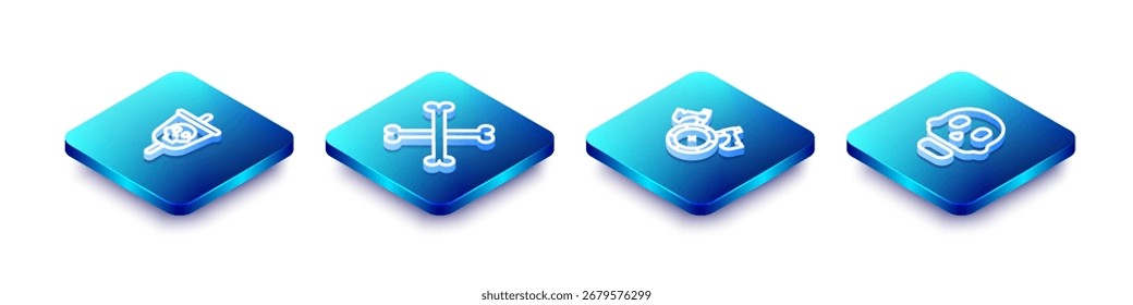 Conjunto Bandera pirata de línea isométrica, huesos humanos cruzados, escudo medieval con hacha e icono de cráneo. Vector
