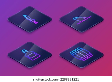 Set Isometric line Pirate sword, Alcohol drink Rum, Shark fin ocean wave and Wooden barrel. Blue square button. Vector