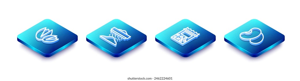 Set Isometric line Pistachio nuts, Sifting flour, Pack full of seeds of plant and Beans icon. Vector