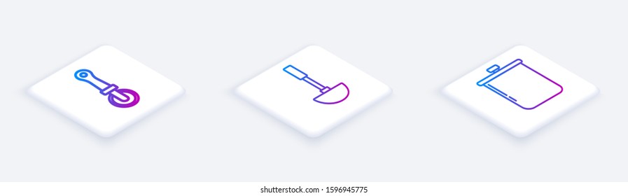 Set Isometric line Pizza knife , Kitchen ladle  and Cooking pot . White square button. Vector