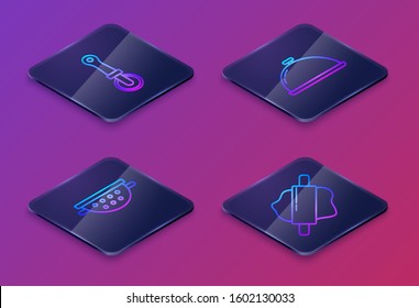 Set Isometric line Pizza knife , Kitchen colander , Covered with a tray of food  and Rolling pin . Blue square button. Vector