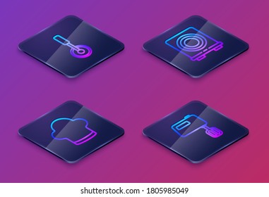 Set Isometric line Pizza knife, Chef hat, Electric stove and mixer. Blue square button. Vector