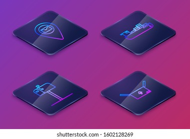 Set Isometric line Placeholder on map paper, Open mail box , Cargo ship with boxes delivery service  and Cardboard box with traffic symbol . Blue square button. Vector