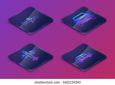 Set Isometric line Plane, Old retro vintage plane, Off road car and Hatchback car. Blue square button. Vector