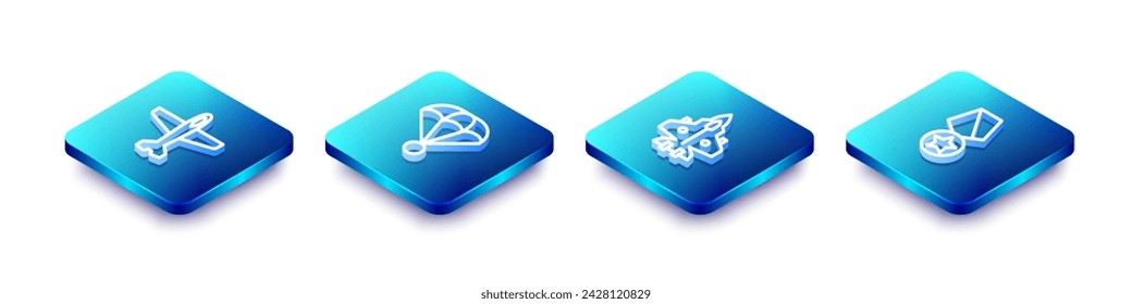 Set Isometric line Plane, Parachute, Jet fighter and Military reward medal icon. Vector