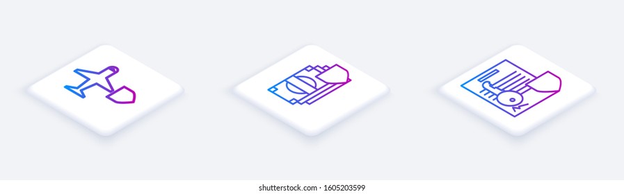 Set Isometric line Plane with shield, Money with shield and Document with key with shield. White square button. Vector